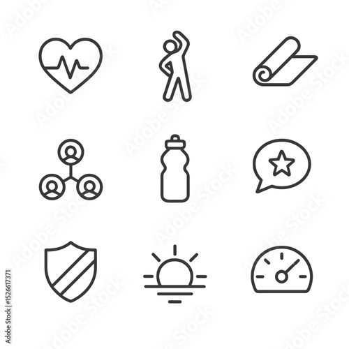 Resilience Icon Set. Outline icon set of resilience and well-being: heart pulse, stretching break, meditation mat, stress gauge,