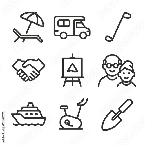 Retirement Icons Grid. Outline icon set of retirement lifestyle choices: beach lounger, RV camper, golf club, art easel, volunteer