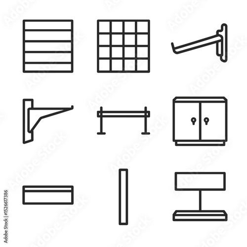 Retail Fixture Icons. Outline icon set of modular retail fixture stand: slatwall panel, grid panel, peg hook, shelf bracket, hang