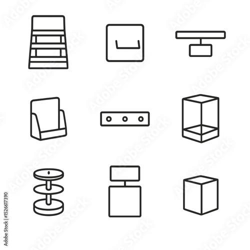 Retail Display Icons. Outline icon set of retail display stand mockup: shelf tier, product slot, price tag holder, brochure pocket