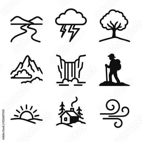 Romantic Era Icons. Outline icon set of Romantic era landscapes: winding path, storm cloud, lonely tree, rugged mountain,