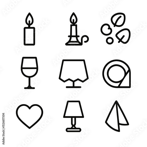 Romantic Dinner Icons. Outline icon set of romantic dinner candle: candle flame, candlestick holder, rose petals, wine glass,
