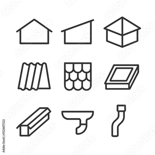 Roof Icon Set. Outline icon set of roof options: gable roof, lean-to roof, hip roof, metal sheet, shingle, skylight, ridge vent,