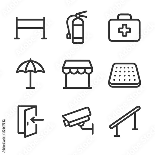 Rooftop Safety Icons. Outline icon set of rooftop safety and amenities: guardrail, fire extinguisher, first aid kit, umbrella