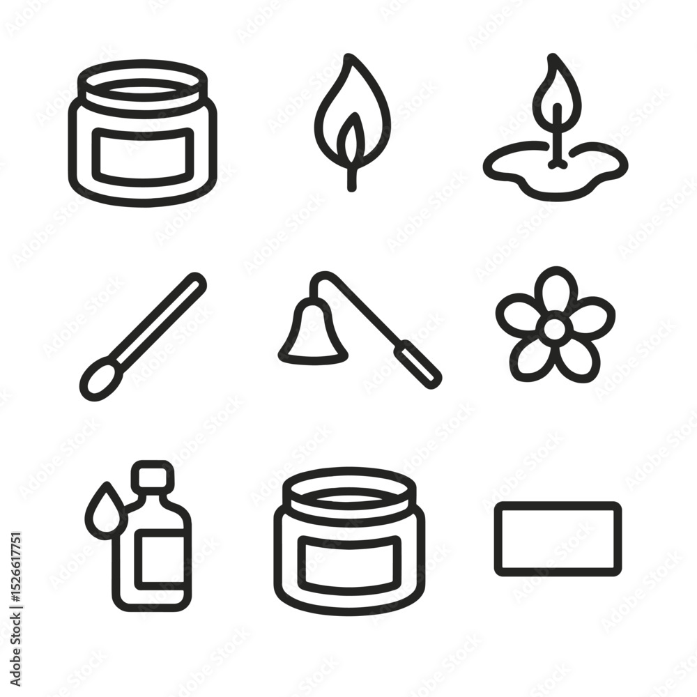 Obraz premium Scented Candle Icons. Outline icon set of open jar of scented candle: candle jar, flame, wick, melted wax pool, matchstick,