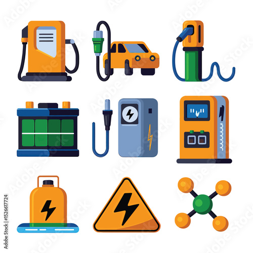 vector icons to vehicle fueling and charging a gasoline pump, an electric vehicle plug hydrogen mole