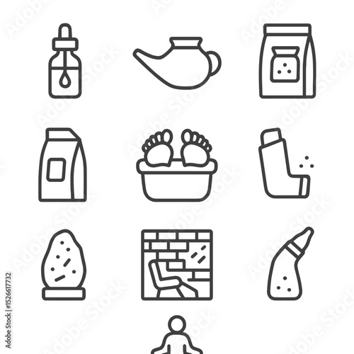 Salt Wellness Icons. Outline icon set of salt health and wellness: saline dropper, neti pot, bath salt bag, Epsom sachet, foot