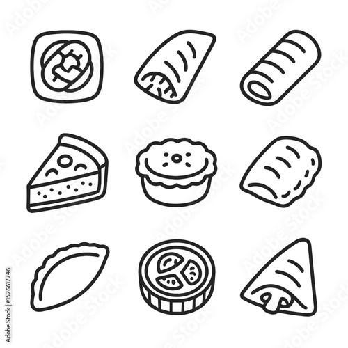 Savory Pastries Icons. Outline icon set of savory pastries: cheese danish, spinach turnover, sausage roll, quiche slice, meat pie,