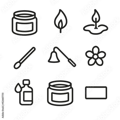 Scented Candle Icons. Outline icon set of open jar of scented candle: candle jar, flame, wick, melted wax pool, matchstick,
