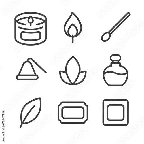Scented Candle Icons. Outline icon set of open jar of scented candle: candle jar, flame, wick, melted wax pool, matchstick,