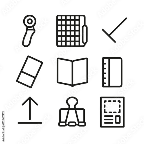 Scoring & Folding Icons. Outline icon set of scoring and folding: scoring wheel, folding board, crease line, sample fold, handbook
