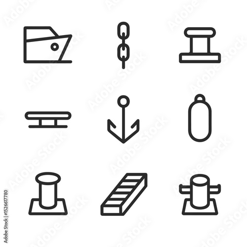 Seaside Dock Icon Set. Outline icon set of seaside docking process: boat bow, anchor chain, windlass, deck cleat, sand anchor,