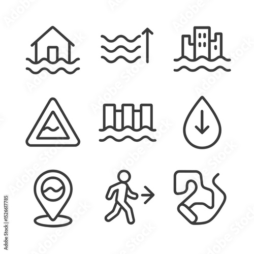 Sea Level Icon Set. Outline icon set of sea level rise: flooded house, rising water line, city skyline half-submerged, tide gauge,