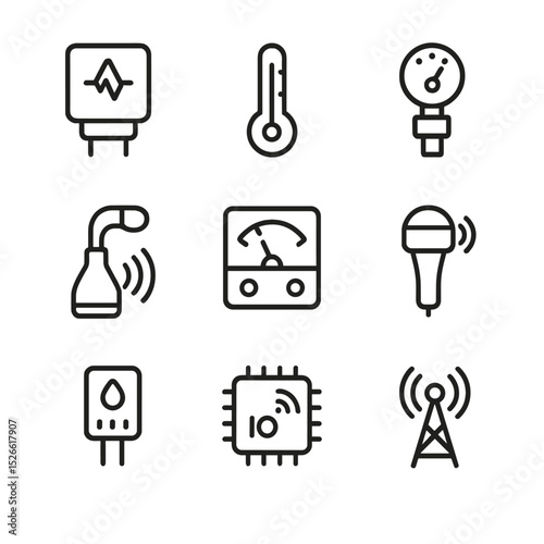 Sensor Icon Set. Outline icon set of predictive maintenance sensors: vibration sensor, temperature gauge, pressure transducer,
