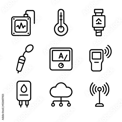 Sensor Icon Set. Outline icon set of predictive maintenance sensors: vibration sensor, temperature gauge, pressure transducer,