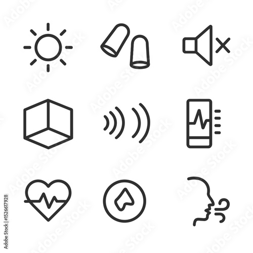 Sensory Deprivation Icons. Outline line icons set of sensory deprivation: darkness, earplugs, blindfold, muted speaker, empty room