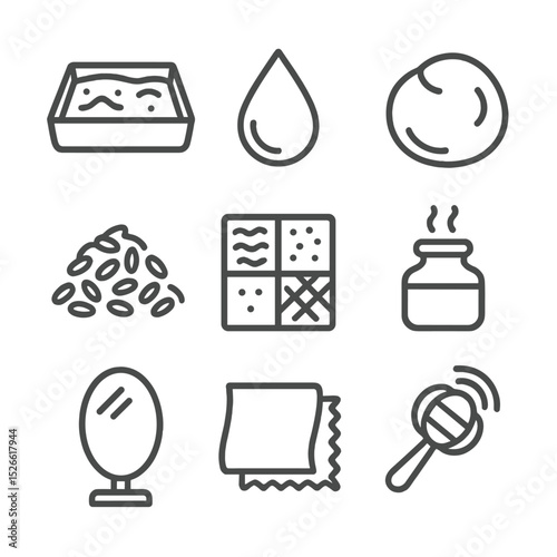 Sensory Play Icons. Outline icon set of sensory play activities: sand tray, water drop, play dough ball, rice pile, texture board,