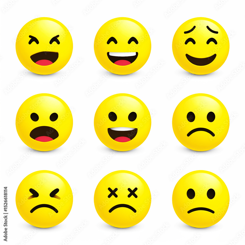 Smiley, emoticon set, yellow face with emotions. AI Smiley, emoticon set, yellow face with emotions. AI