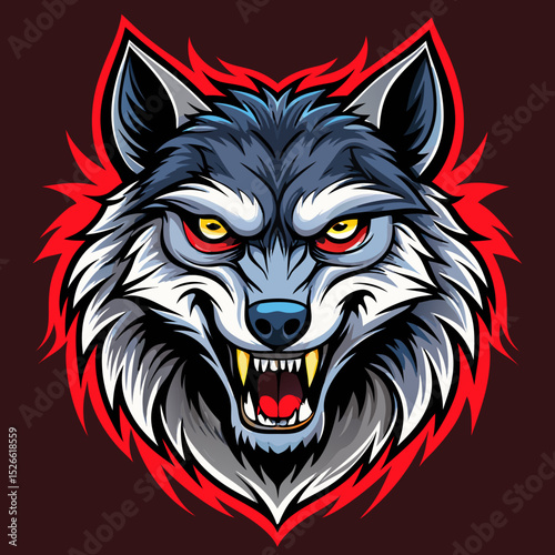angry wolf realistic  design and bold line black , white background ,full  color