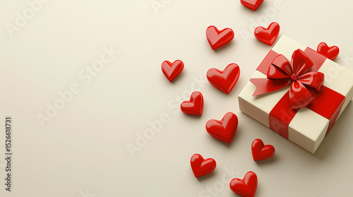 Elegant gift box and red hearts celebrate love. Perfect for romantic occasions.