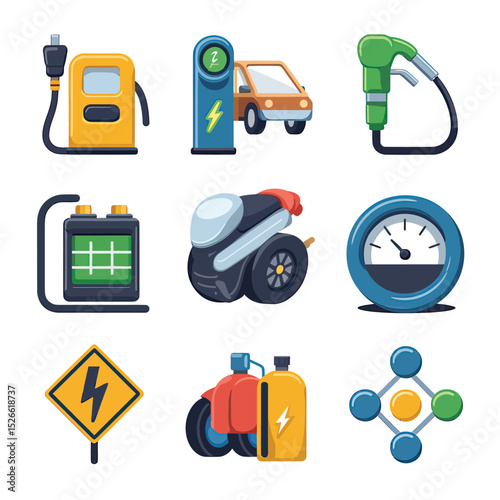 vector icons to vehicle fueling and charging a gasoline pump, an electric vehicle plug hydrogen mole