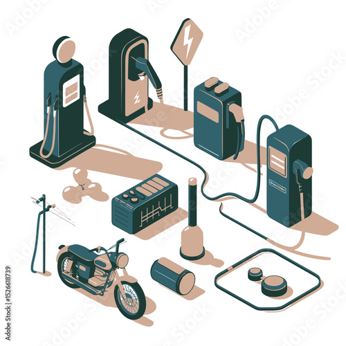 vector icons to vehicle fueling and charging a gasoline pump, an electric vehicle plug hydrogen mole