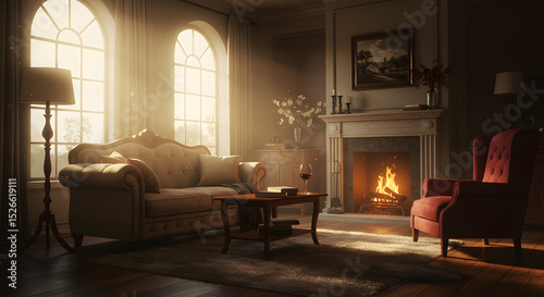 Serene Sunlit Living Room with Fireplace Cozy Interior Design