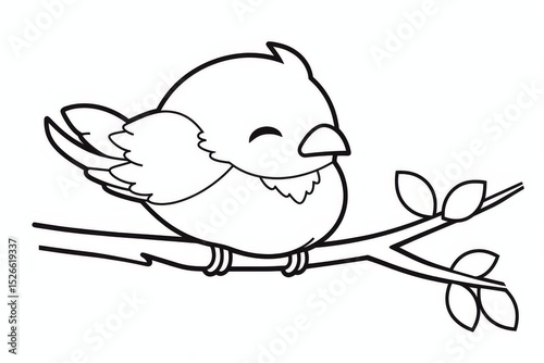 Minimalist one-line vector illustration of cute bird sleeping on branch with clean black outline on white background photo