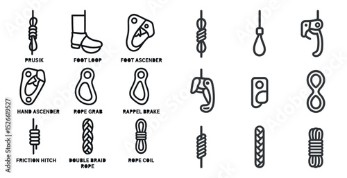 Climbing equipment icons for adventure and safety in outdoor activities