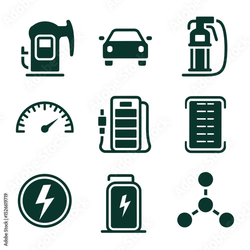 vector icons to vehicle fueling and charging a gasoline pump, an electric vehicle plug hydrogen mole