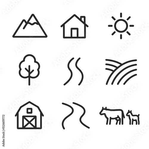 Serene Mountain Village Icons. Outline icon set of serene mountain village: mountain, house, tree, river, fields, barn, road, sun,