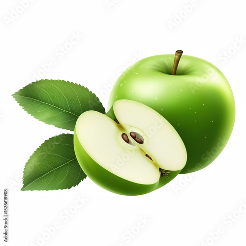 Green apple and half apple with seeds and leaf, isolated on white background.