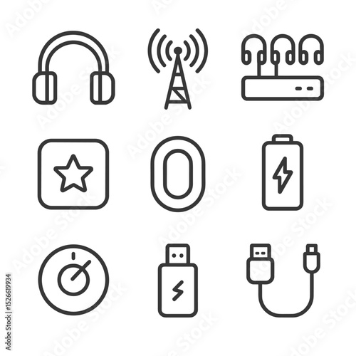 Silent Disco Gear Icons. Outline icon set of silent disco gear: wireless headphones, transmitter tower, charging station, LED