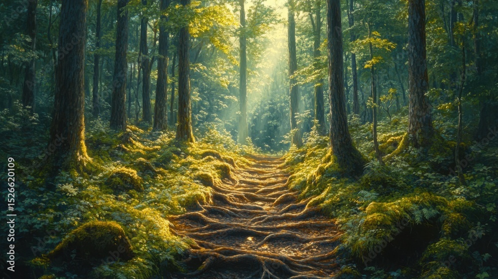 Fototapeta premium Sunlit Forest Floor with Exposed Roots Creating a Natural Path Through the Trees
