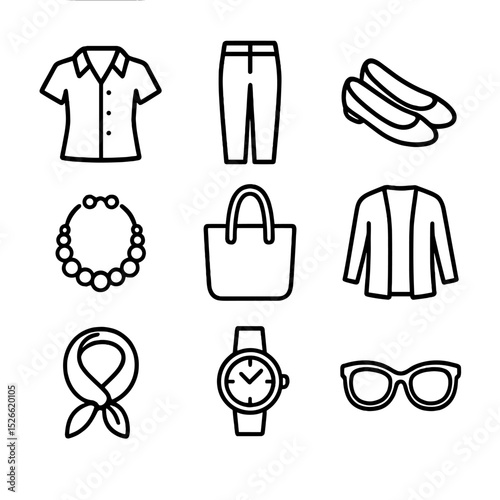Smart Casual Icons. Outline icon set of smart casual women’s blouse outfits: blouse, tailored trousers, ballet flats, statement
