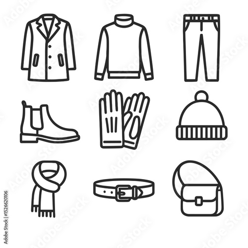 Smart Casual Winter Icons. Outline icon set of smart casual winter layers: wool coat, turtleneck sweater, wool trousers, Chelsea