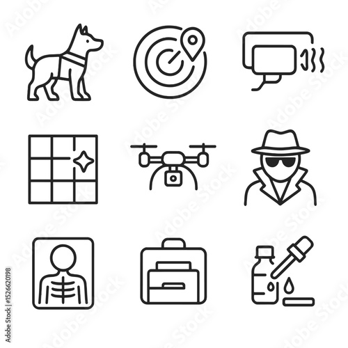 Smuggling Detection Icons. Outline icon set of smuggling detection methods: K9 dog, pinpoint radar, thermal camera, anomaly map,