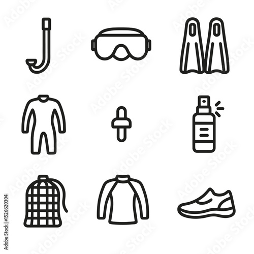 Snorkeling Gear Icons. Outline icon set of snorkeling gear essentials: snorkel tube, mask, fins, wetsuit, ear plug, defog spray,