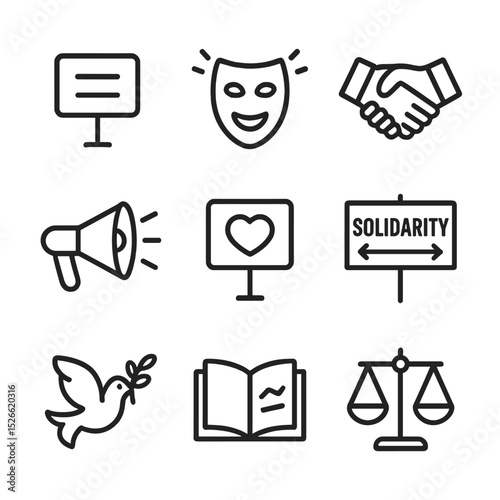 Social Justice Icons. Outline icon set of social justice rooftop rallies: equality sign, diversity mask, ally handshake, justice