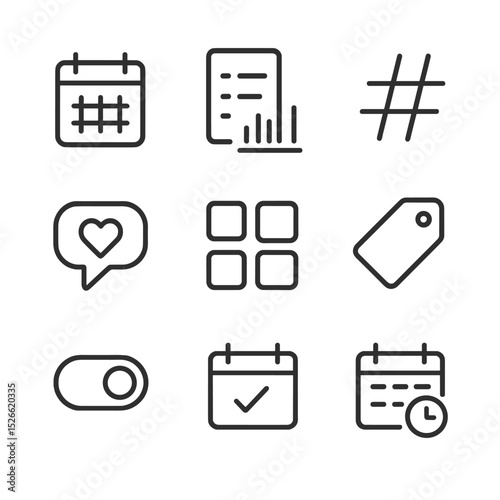 Social Media Icon Set. Outline icon set of social media management: scheduler calendar, post queue, hashtag icon, analytics chart,