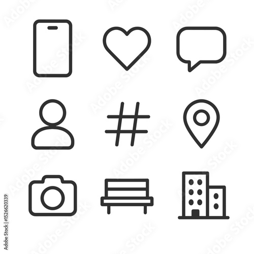 Social Media Icon Set. Outline icon set of social media check-in: smartphone, like heart, comment bubble, user avatar, hashtag,