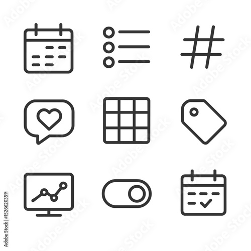 Social Media Icon Set. Outline icon set of social media management: scheduler calendar, post queue, hashtag icon, analytics chart,