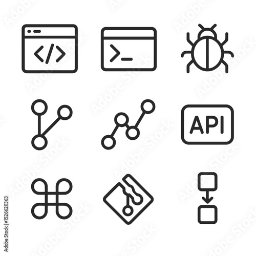 Software Tools Icon Set. Outline icon set of software developer tools: code editor window, terminal prompt, bug icon, pull request