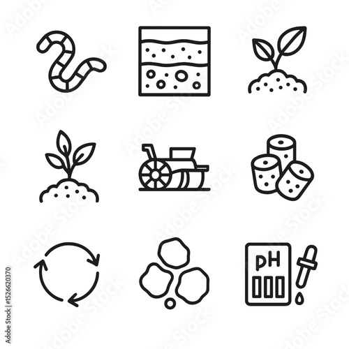 Soil Health Icons Set. Outline icon set of soil health management: earthworm, soil horizon profile, organic matter icon, pH test