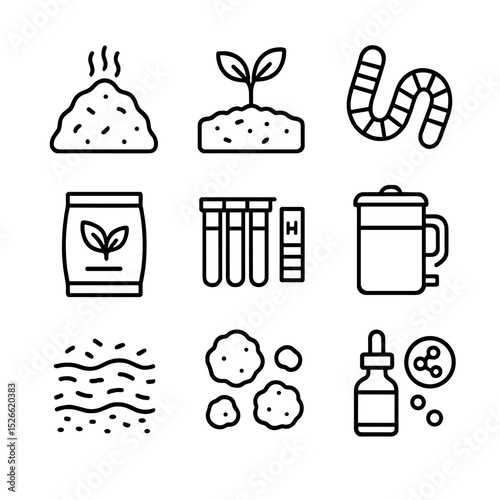 Soil Health Icon Set. Outline icon set of soil health management: compost pile, green manure cover crop, earthworm, organic