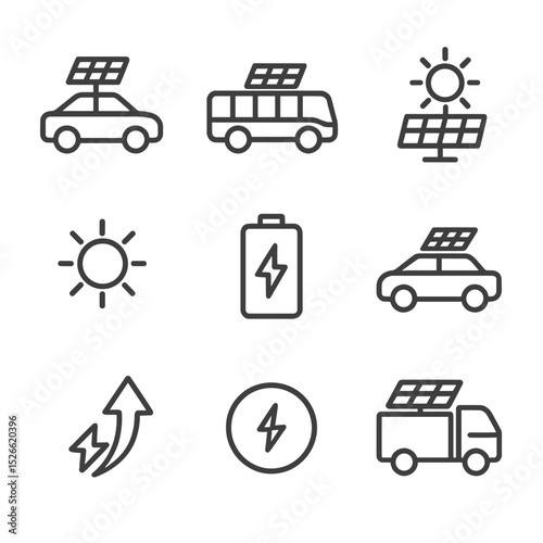 Solar Vehicle Icon Set. Outline icon set of solar-powered vehicles: solar car, solar bus, photovoltaic panel, sun icon, battery