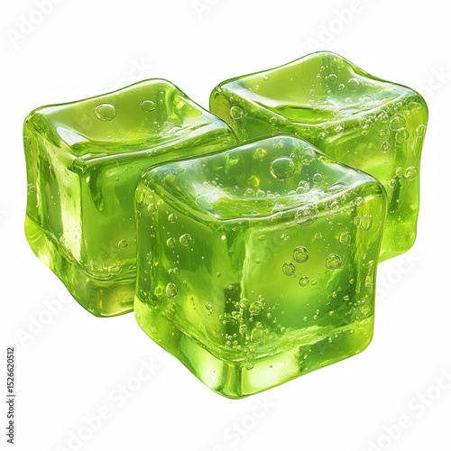 Glossy green jelly cubes with bubbles, isolated on white background.