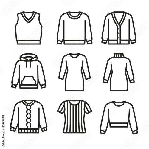 Sporty Knitwear Icons. Outline icon set of sporty knitwear: sweater vest, crewneck sweater, knit cardigan, pullover hoodie, knit