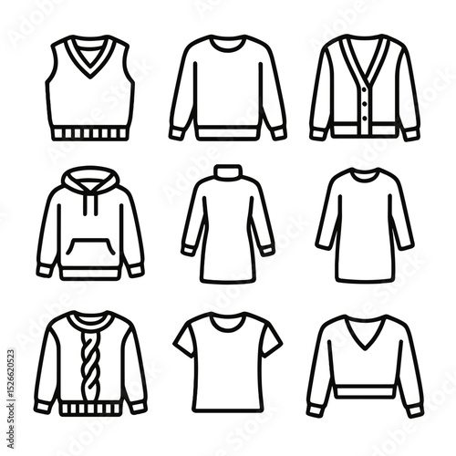Sporty Knitwear Icons. Outline icon set of sporty knitwear: sweater vest, crewneck sweater, knit cardigan, pullover hoodie, knit
