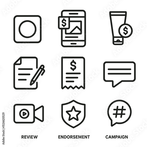 Sponsored Content Icons. Outline icon set of sponsored content creation: brand logo, sponsored post, product placement, contract